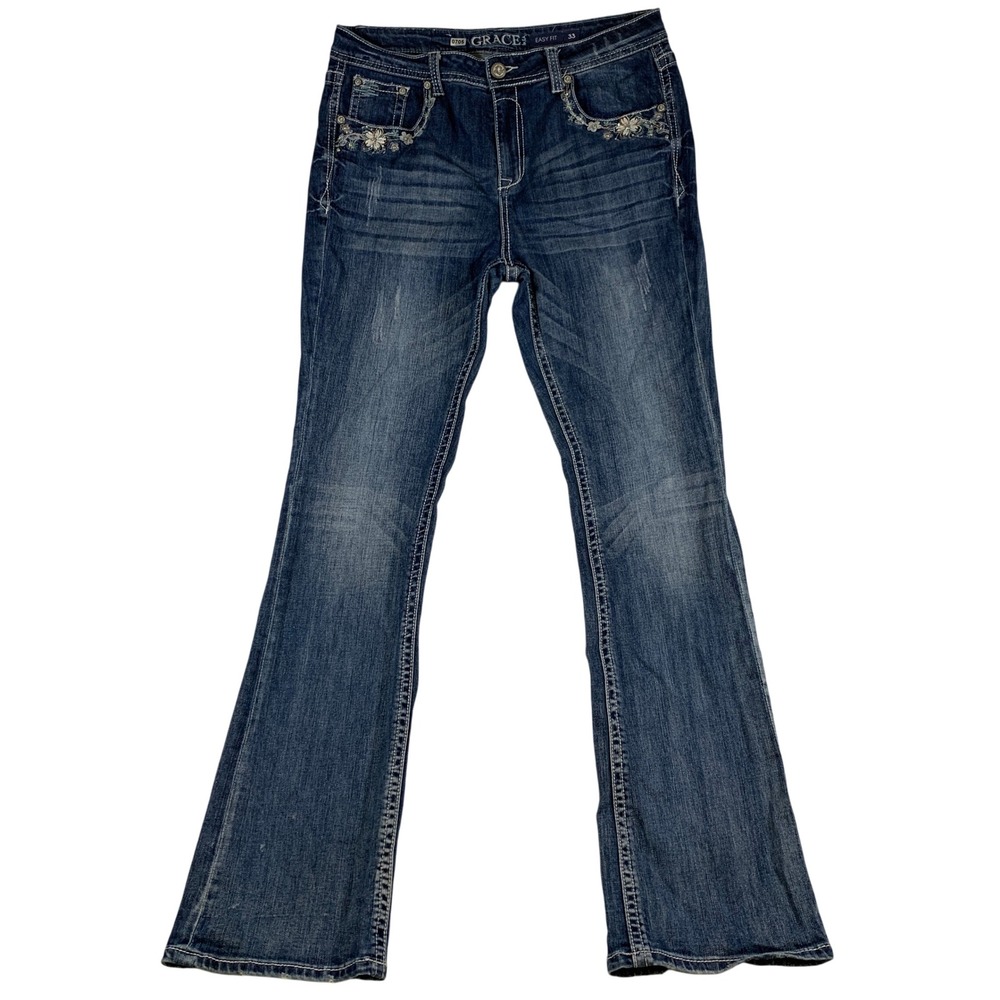 Grace in LA Women's Dark Wash Boot Cut Jeans - Embroidered Pocket